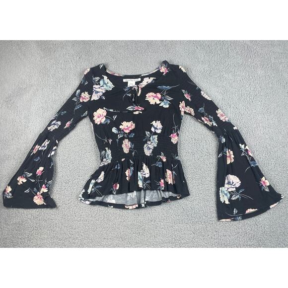 American Rag Women's Small Black Flower Rayon Spandex Long Sleeve Blouse - Picture 1 of 12